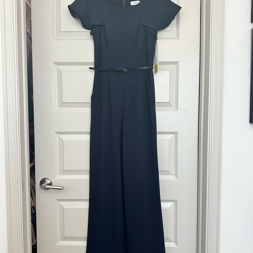 Calvin Klein Navy Pantsuit with Gold Zipper